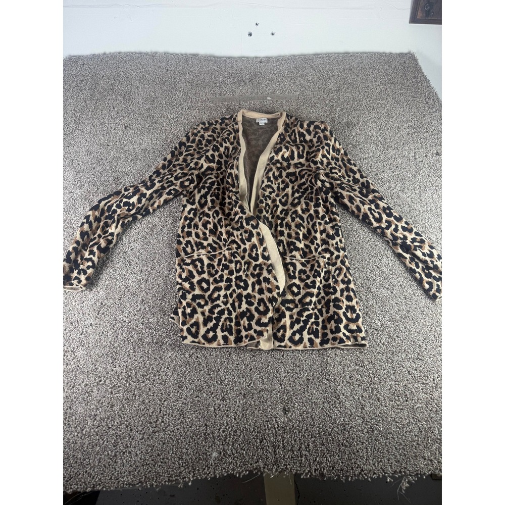 J. Crew Open Front Cardigan Sweater Women's Leopard Animal Print 100% Cotton - L